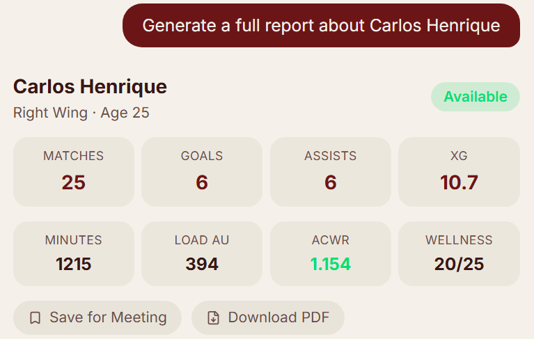 Pitchfeed chat interface triggering a PDF player report
